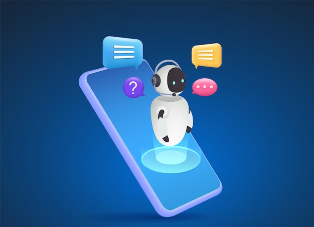 Chat bot on a smartphone an AI assistant robot for communicating with users Concept of virtual assistant to provide information get help ask a question get an answer