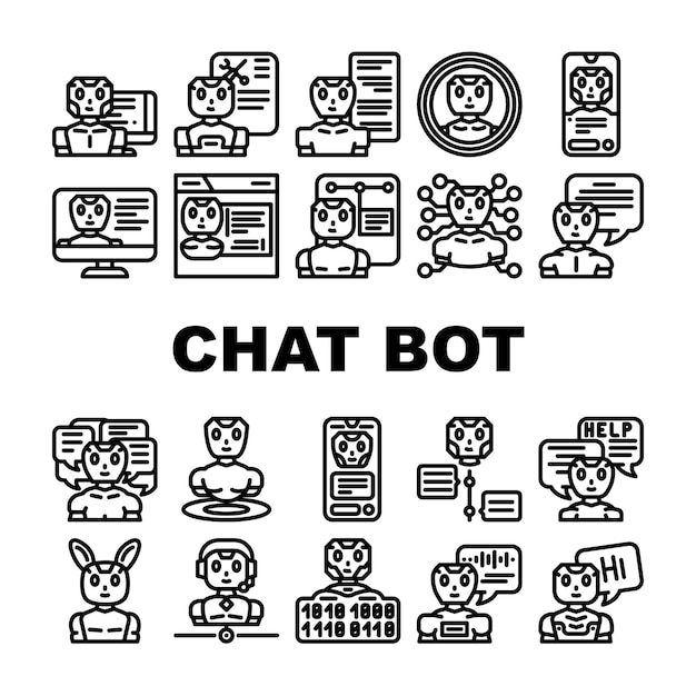 Chat bot robot service icons set vector ai chatbot mobile digital support online technology app help phone customer chat bot robot service black contour illustrations