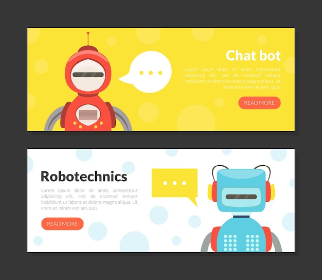 Chat Bot Robotechnics Landing Page Templates Set Cute Friendly Android Robots Artificial Intelligence Robotic Technology Automation Concept Web Banner Website Homepage Vector Illustration