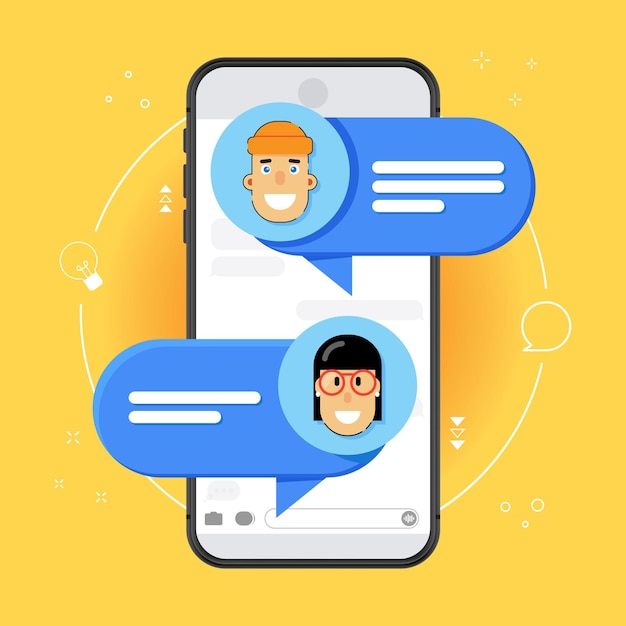 chat message on smartphone vector illustration flat cartoon sms bubbles on mobile phone screen on yellow background man chatting on cellphone with woman