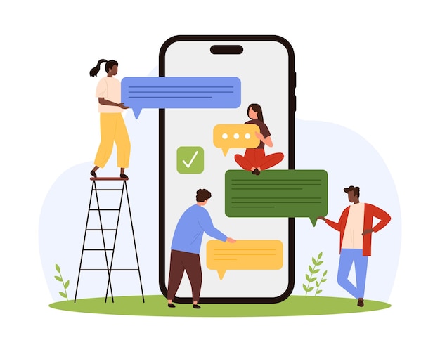 chat messages messenger mobile app in phone tiny people holding speech bubbles with sms