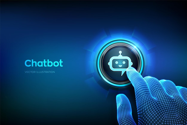 Chatbot assistant application AI concept Closeup finger about to press a button with robot chatbot head icon Just push the button Vector illustration