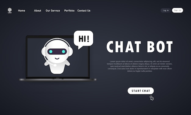 Chatbot in laptop illustration. Online assistant bot landing page template. Dialog, message. Technical support. For web page. Vector on isolated background. EPS 10.
