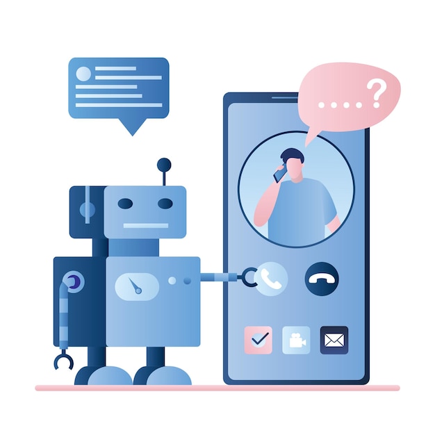 Chatbot robot Dialog help service User avatar on smartphone screen and bot with speech message