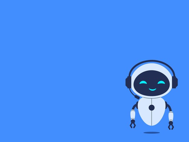Chatbot robot in headphones on blue background with copy space for text Vector illustration