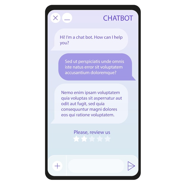 Chatbot window on smartphone screen. User interface of application with online dialogue. Conversation with a robot assistant