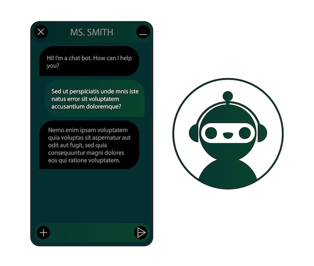 chatbot window with robot icon set. user interface of application with online dialogue. conversation with a robot assistant