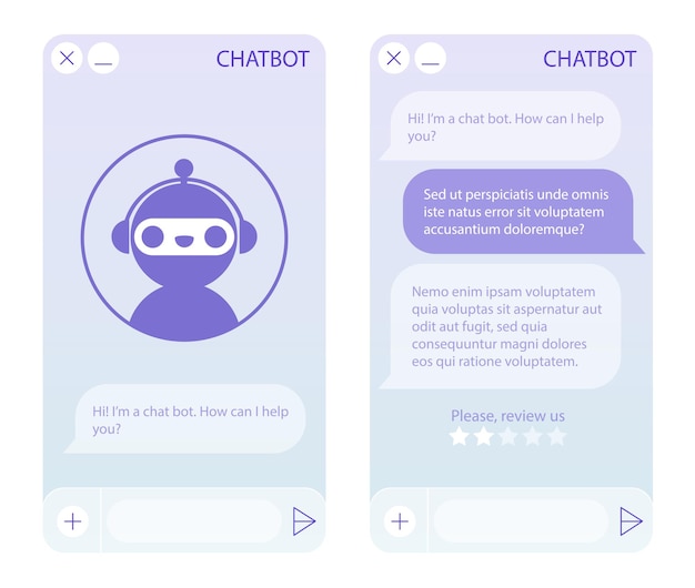 chatbot window with start page. user interface of application with online dialogue. conversation with a robot assistant