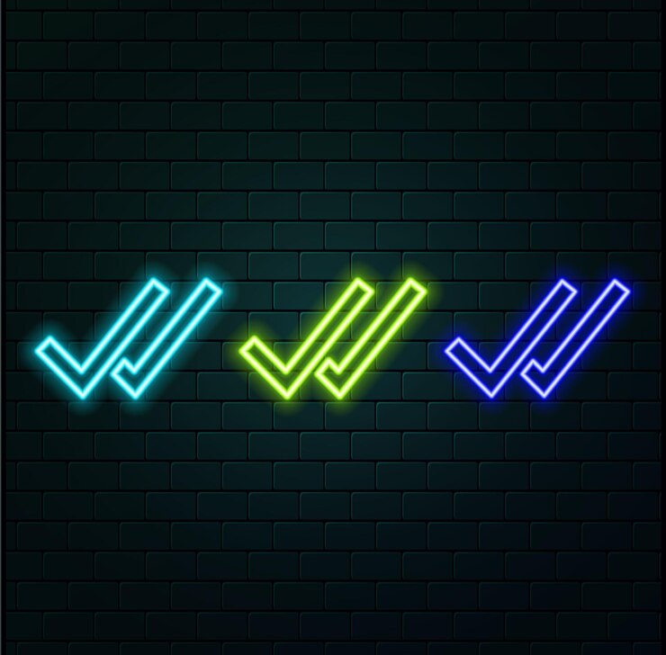 Vector check line icon neon laser lights approved tick sign confirm done or accept symbol glow laser speech