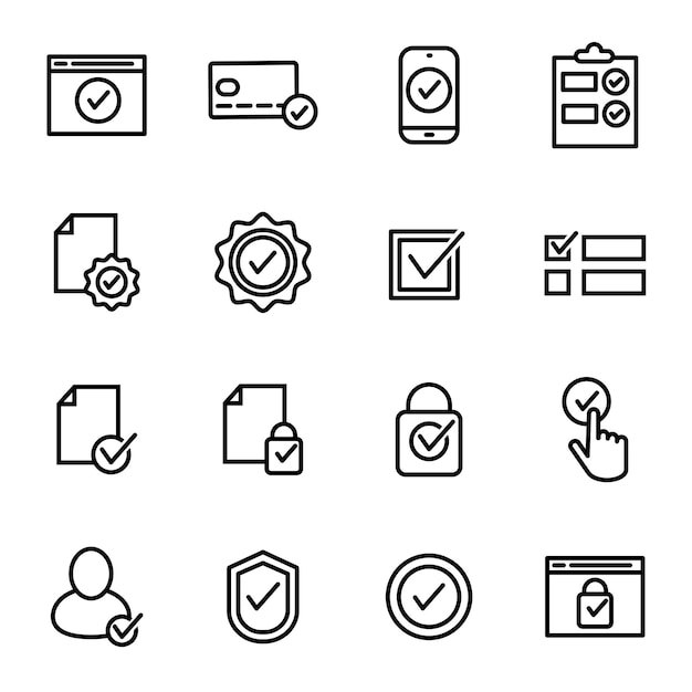 Check Mark Signs Black Thin Line Icon Set Include of Box Circle Button Checkbox and Hand Vector illustration of Icons