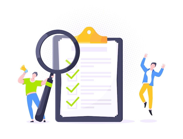 Checklist complete business concept tiny people with megaphone magnifying glass