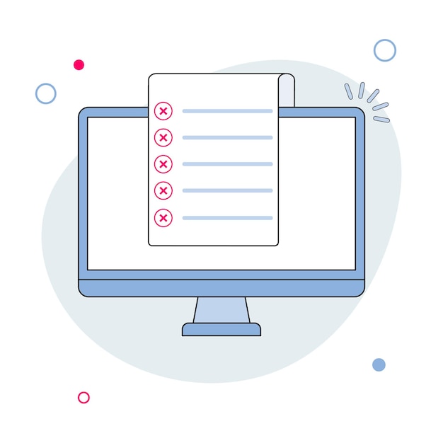 checklist document with cross marks in computer screen the concept of online testing vector illustrations in line art style