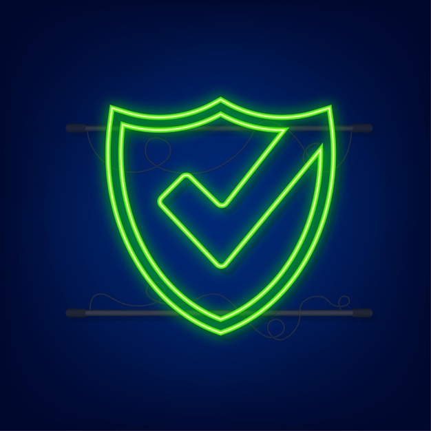 Checkmark. Green approved sticker. Neon style Vector illustration.