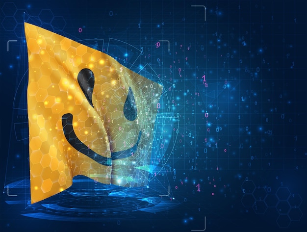 Cheerful yellow smile vector 3d flag on blue background with hud interfaces