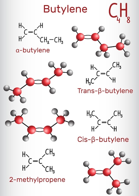 Chemical formula and molecule model of Butylene C4H8 Vector illustration
