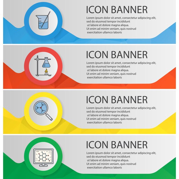 Chemical lab banner templates set. Easy to edit. Beaker with rod, molecular science and analysis, ring stand with flask website menu items. Color polygonal web banner concepts. Vector backgrounds