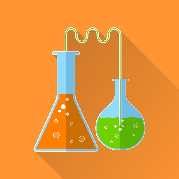 Chemical reaction flat icon 2 flasks with reagents of different colors