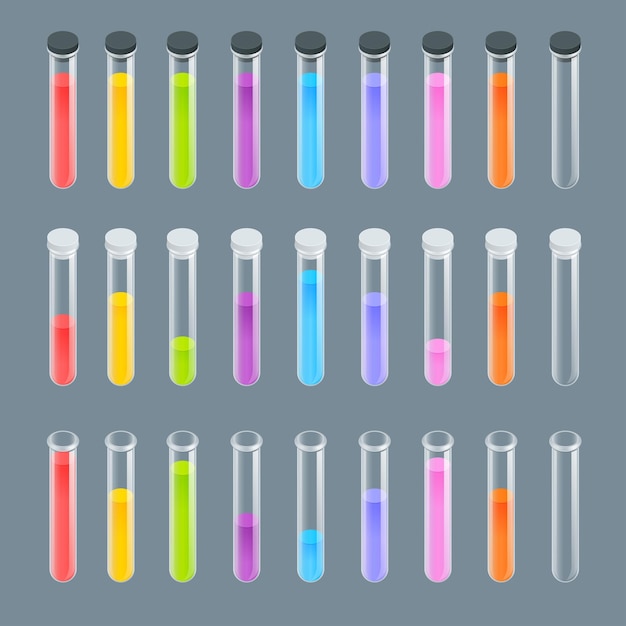 Chemical test tube icons set. Erlenmeyer flask, distilling flask, volumetric flask, test tube. Chemical lab equipment isolated. Experiment flasks for science experiment. Isometric 3d vector.