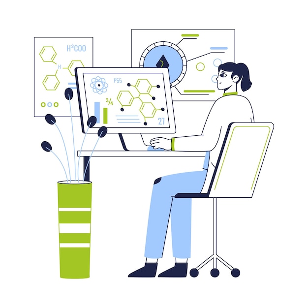 Chemistry female lab worker flat vector illustration Chemical scientific scene