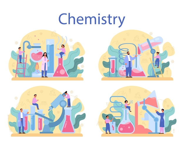 Chemistry studying concept set. Chemistry lesson. Scientific experiment in the laboratory with chemical equipment.