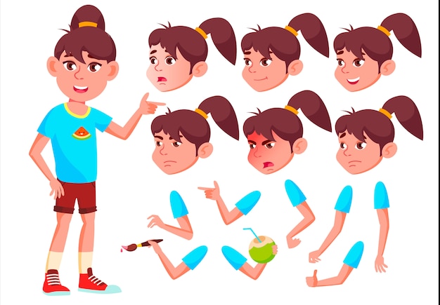 Child girl character. European. Creation constructor for animation. Face emotions, hands.