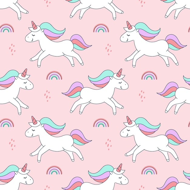 Childish seamless pattern with unicorns and rainbows