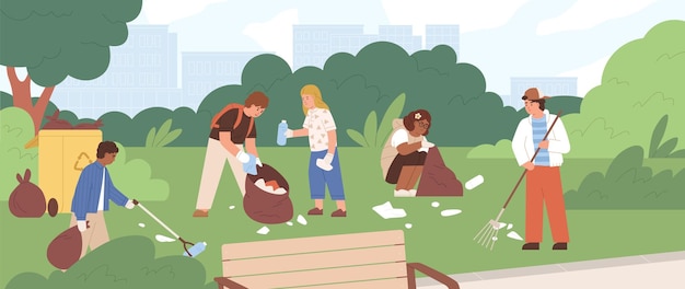 Children cleaning park from garbage. Group of kids picking and raking plastic litter and collecting it into trash bags. Team of eco volunteers during environment cleanup. Flat vector illustration.