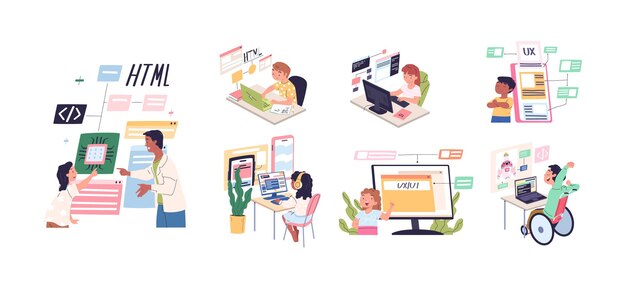 Children code learning Kids writing codes child programming schools it camp kid coder students internet technology computer education coding project classy vector illustration