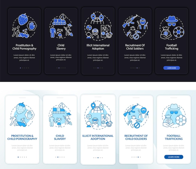Children trafficking day, night mode onboarding mobile app page screen. walkthrough 5 steps graphic instructions with concepts. UI, UX, GUI vector template with linear night and day mode illustrations