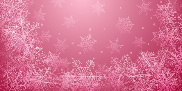 christmas background of beautiful complex snowflakes in red colors winter illustration with falling snow