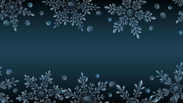 Christmas composition of large complex transparent snowflakes in light blue colors on dark gradient background With horizontal repeating pattern Transparency only in vector format