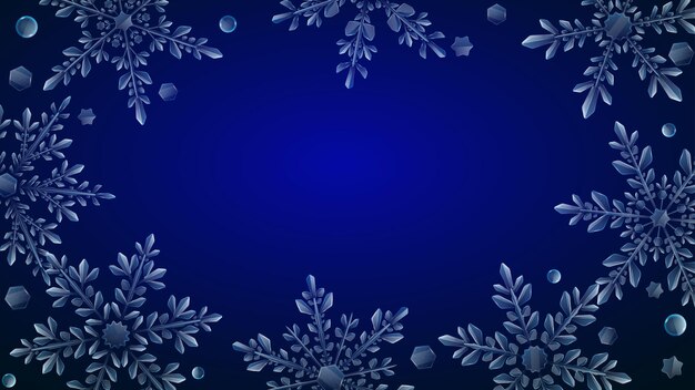 Christmas composition of large complex transparent snowflakes in light blue colors on dark gradient background