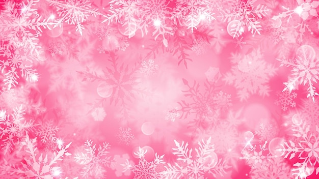 christmas illustration with white blurred snowflakes, glare and sparkles on pink background