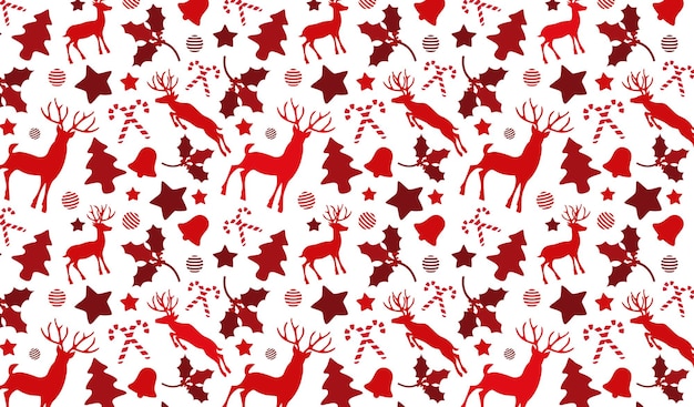Christmas pattern background with reindeer and holly bell canes shapesMerry christmas