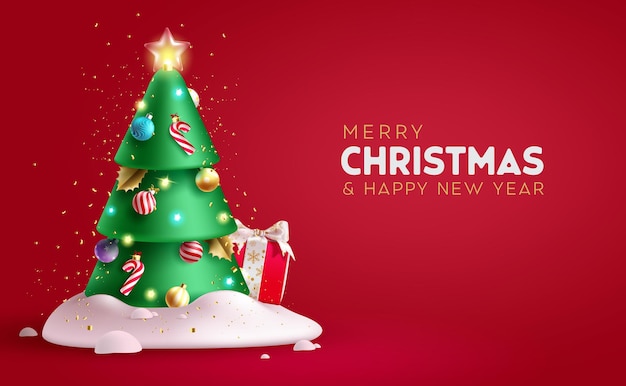 Christmas pine tree vector design Merry christmas and happy new year text with pine tree and xmas