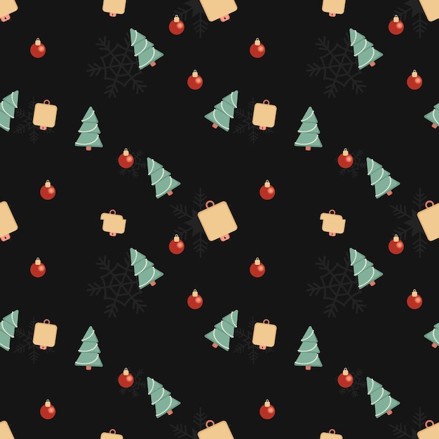 Christmas tree bell decorative ball and snowflake vector in rounded corner theme seamless pattern background Best for winter holiday fabric giftwrap scrapbook greeting cards design projects