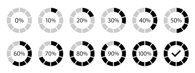 Circle loading and circle progress collection Set of circle percentage diagrams for infographics 0 10 20 30 40 50 60 70 80 90 100 percent