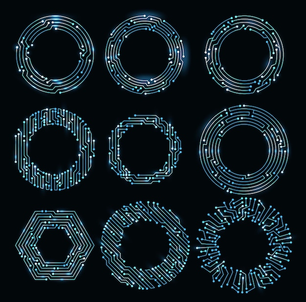 Circuit board circle frames Abstract digital round frame hardware board and electronic motherboard pattern vector set Programming science computer system elements