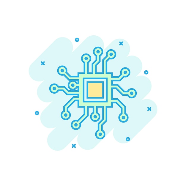 circuit board icon in comic style technology microchip vector cartoon illustration pictogram processor motherboard business concept splash effect