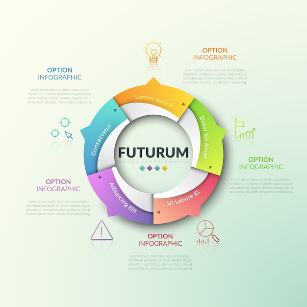 Circular diagram divided into 5 multicolored overlapping sectors with arrows pointing at thin line icons and text boxes. Round pointer concept.