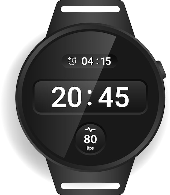 circular smartwatch interface displaying time heart rate and alarm