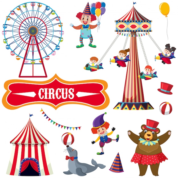 Circus set with many people and animals
