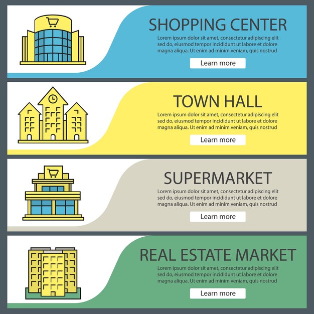 city buildings web banner templates set. shopping mall, town hall, supermarket, multi-storey building. website color menu items. vector headers design concepts