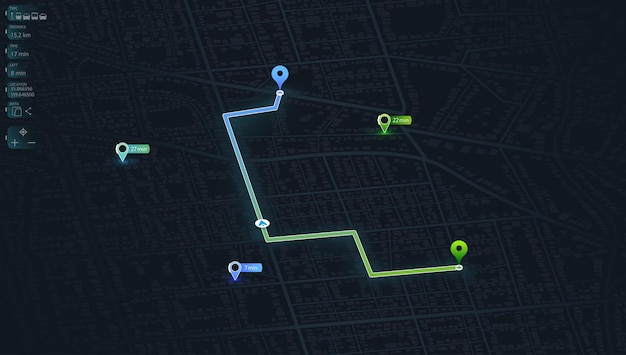 City map with route from one point to marked by line route and information about the streets and
