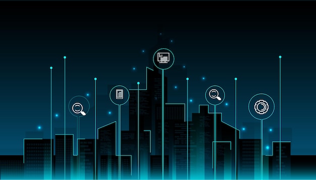 Cityscape with connecting dot technology of smart city conceptual