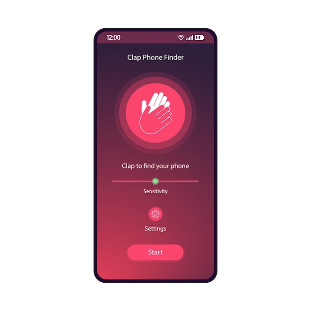 Clap phone finder interface vector template Mobile utility app page purple design layout Smartphone location search application flat gradient UI Sensitivity scale settings start button on display