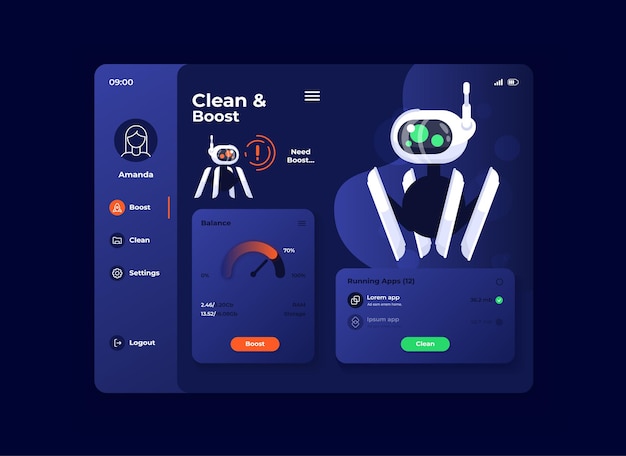 Clean and boost tablet interface vector template. Mobile app page night mode design layout. Gadget memory optimization screen. Flat UI for application. Productivity increase portable device display