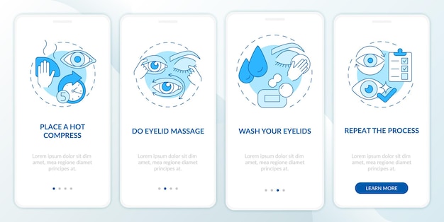 Clean around eyes onboarding mobile app page screen. Instructions for surgery walkthrough 4 steps graphic instructions with concepts. UI, UX, GUI vector template with linear color illustrations