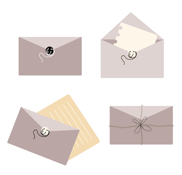 Clean envelope graphic design set Closed envelope Tied with a string envelope with empty paper