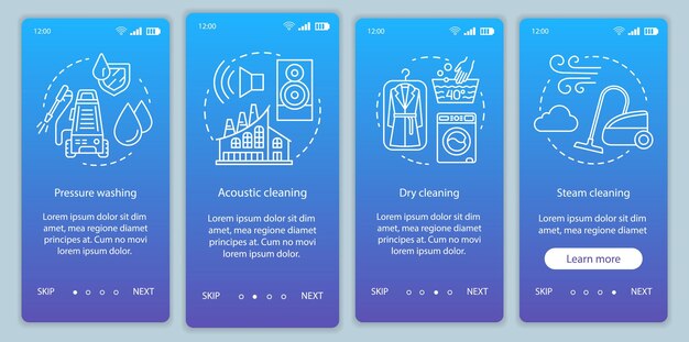 Cleaning methods onboarding mobile app page screen vector template